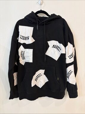 Black Hoodie Sweater with White 'Market' Patch Accents by Market